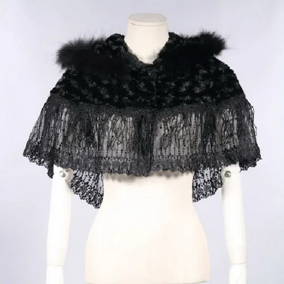 Gothic Lolita Steampunk Victorian Adorable Plush Fur & Lace Black Hooded Cape OS - Picture 1 of 11